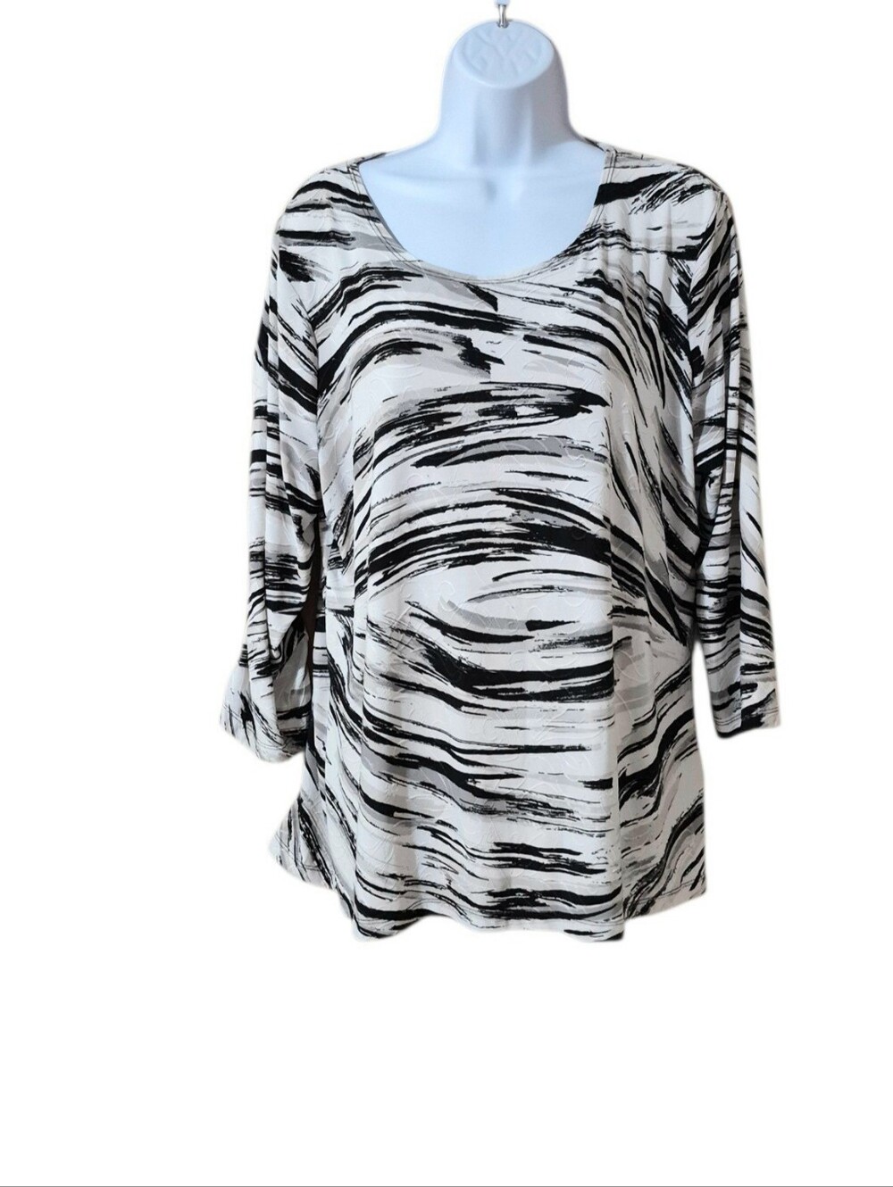 JM Collection Black & White Brushstroke Scoop Neck 3/4 Sleeve Women’s Top Sz XL